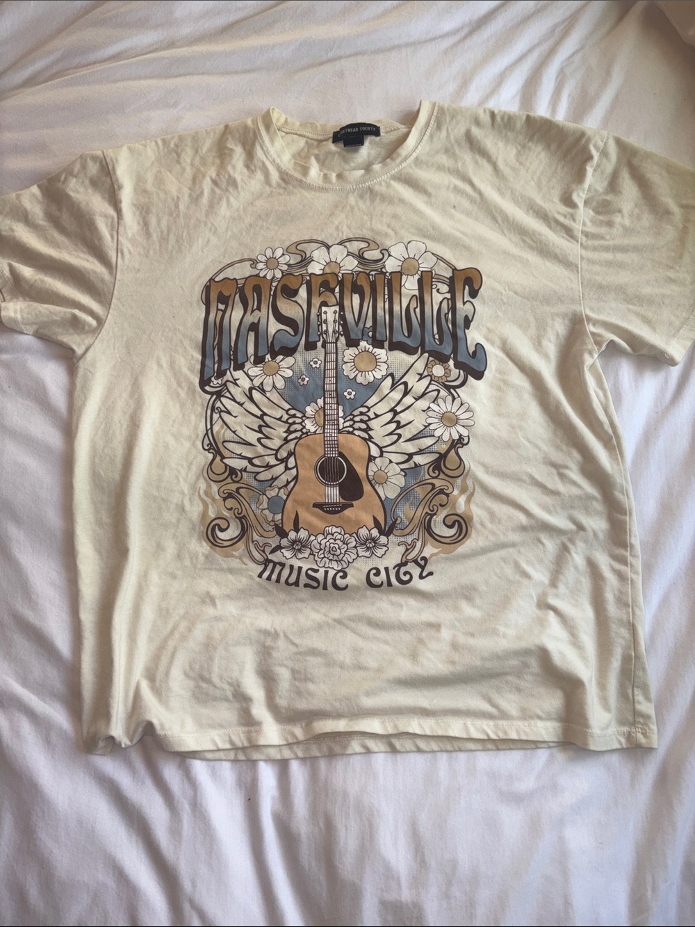 Streetwear Society Cream Nashville Guitar Graphic Tee with Blue Accents